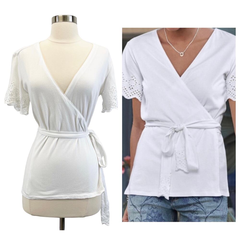 Sundance Womens‎ Sz PS Summer Breeze Wrap Top Eyelet Jersey Knit Stretch White